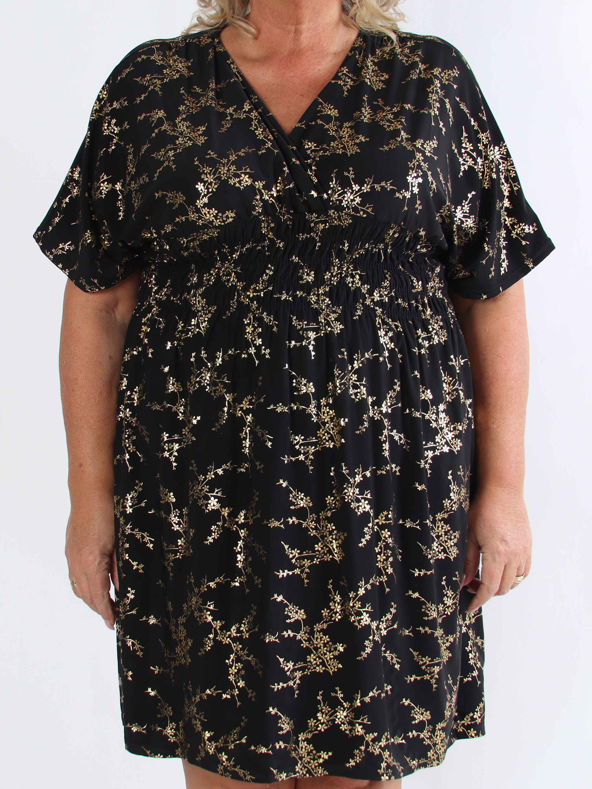 Pams Gold Short - Elastisk plus size kjole detaljeret med guld blomster